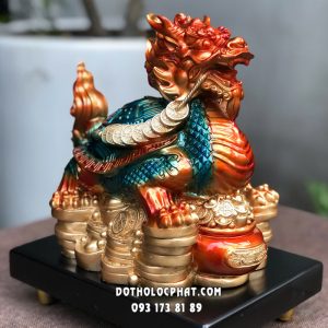 Tượng Long Quy phong thủy lam ngọc vàng cam đứng núi vàng