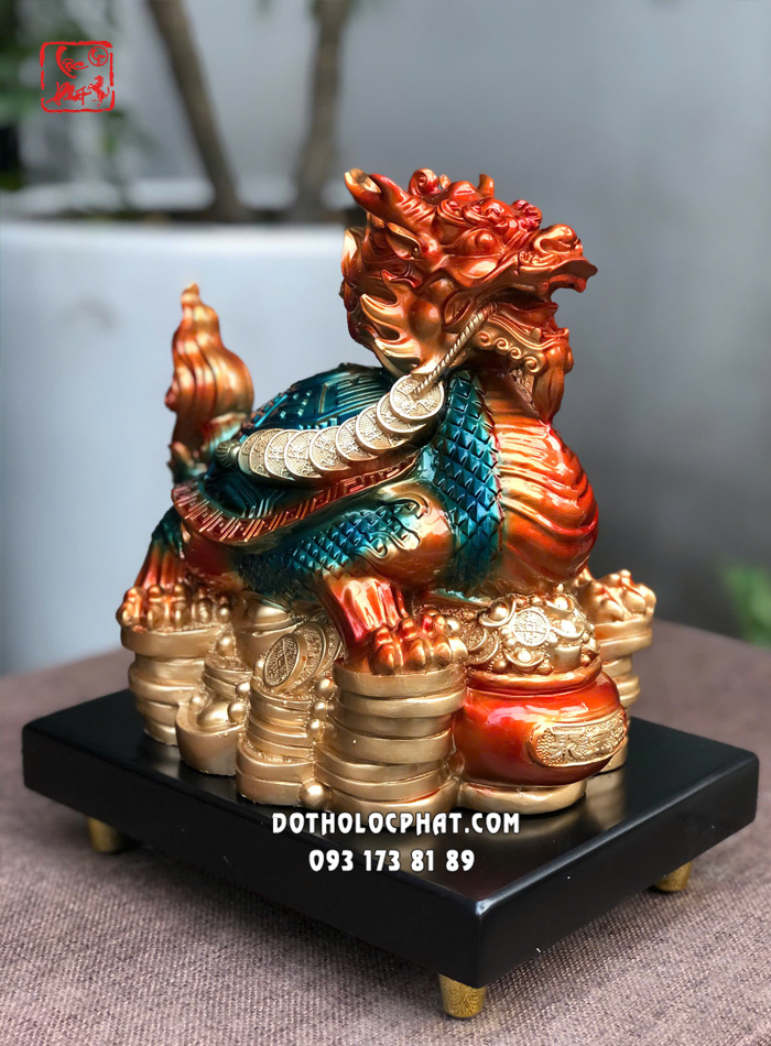 Tượng Long Quy phong thủy lam ngọc vàng cam đứng núi vàng