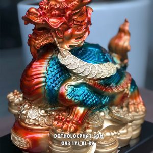 Tượng Long Quy phong thủy lam ngọc vàng cam đứng núi vàng