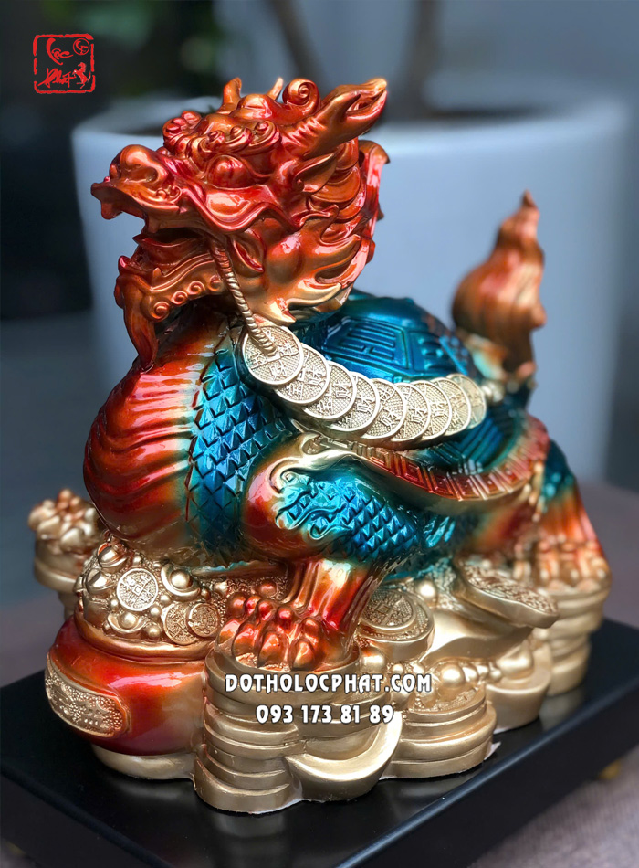 Tượng Long Quy phong thủy lam ngọc vàng cam đứng núi vàng