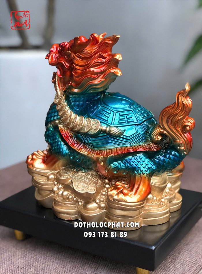 Tượng Long Quy phong thủy lam ngọc vàng cam đứng núi vàng