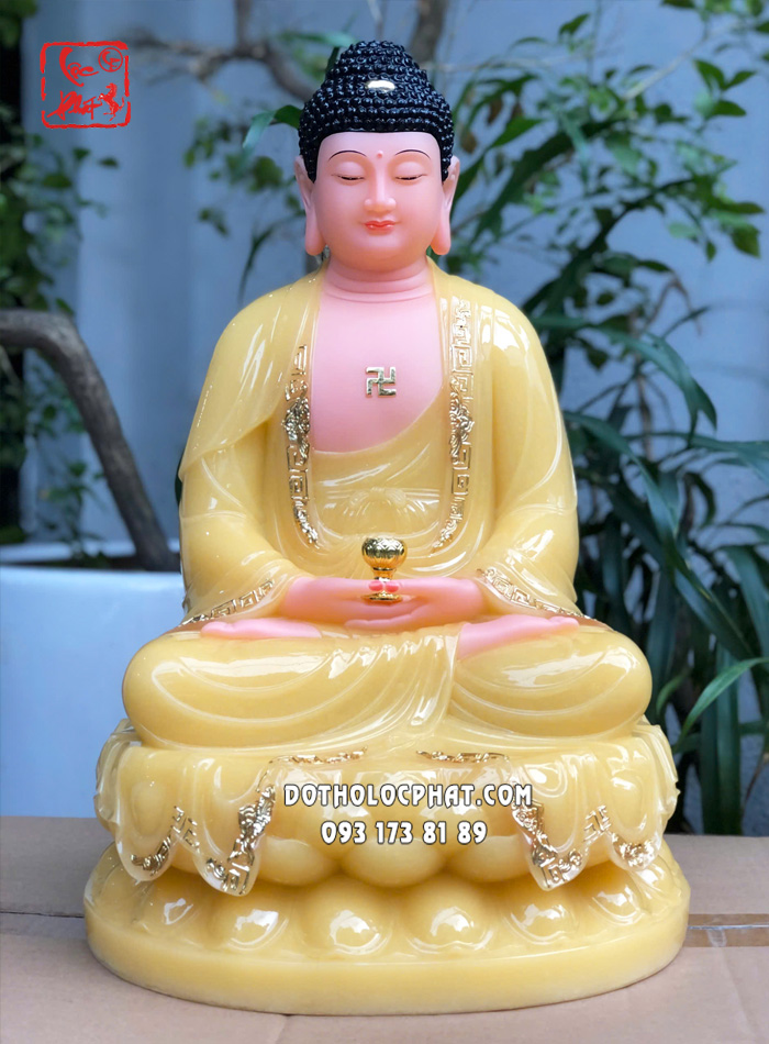 Tượng Phật A Di Đà thạch anh áo rũ viền vàng