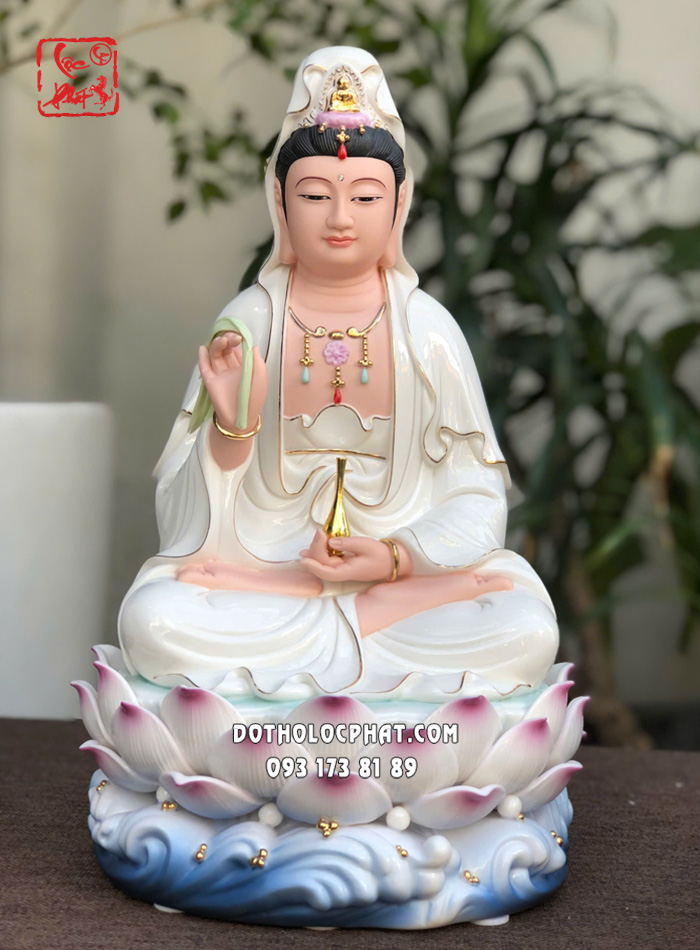 Tượng Quan Âm Bồ Tát sứ trắng đế sen sóng nước