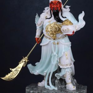 Tượng Quan Công đứng xách đao nâng hũ vàng đứng bệ đá