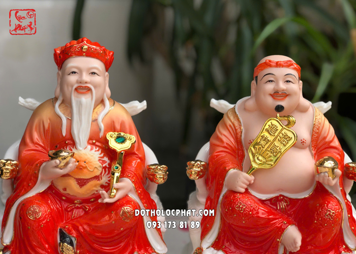 Tượng Thần Tài Thổ Địa sứ đỏ thỏi vàng ngồi ghế rồng
