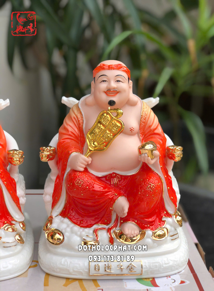 Tượng Thần Tài Thổ Địa sứ đỏ thỏi vàng ngồi ghế rồng