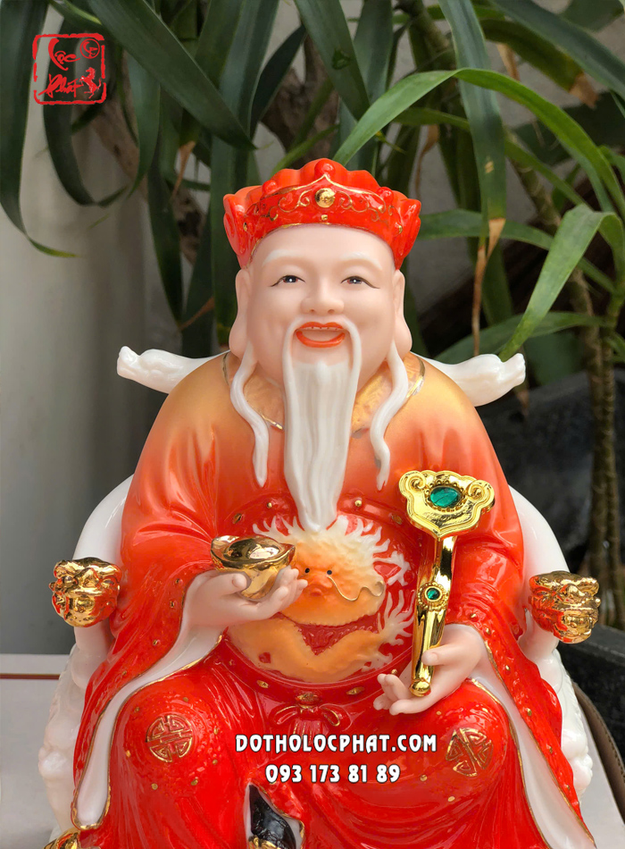 Tượng Thần Tài Thổ Địa sứ đỏ thỏi vàng ngồi ghế rồng