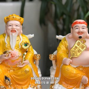 Tượng Thần Tài Thổ Địa thỏi vàng sứ vàng ngồi ghế rồng