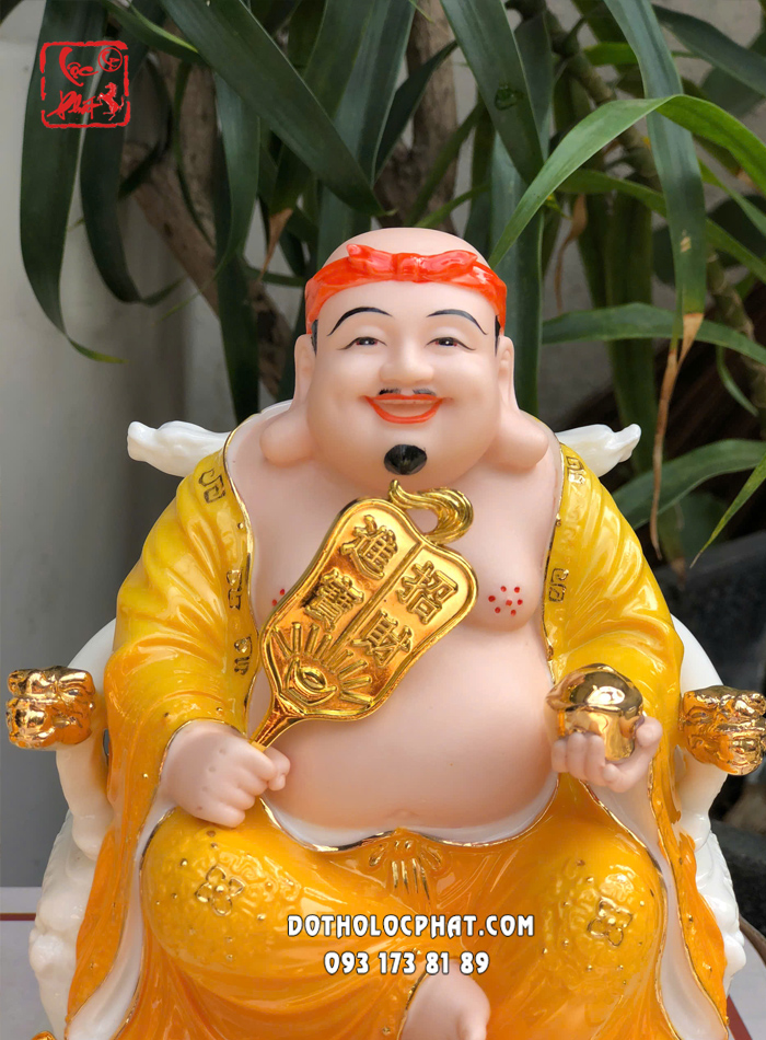 Tượng Thần Tài Thổ Địa thỏi vàng sứ vàng ngồi ghế rồng