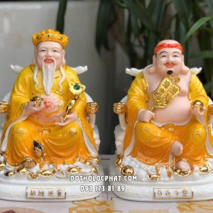 Tượng Thần Tài Thổ Địa thỏi vàng sứ vàng ngồi ghế rồng