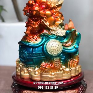 Tượng Tỳ Hưu phong thủy bách tài lam ngọc cam vàng đứng núi vàng đế tròn