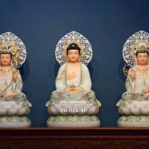 Tượng Tây Phương Tam Thánh áo xanh hào quang lá đề