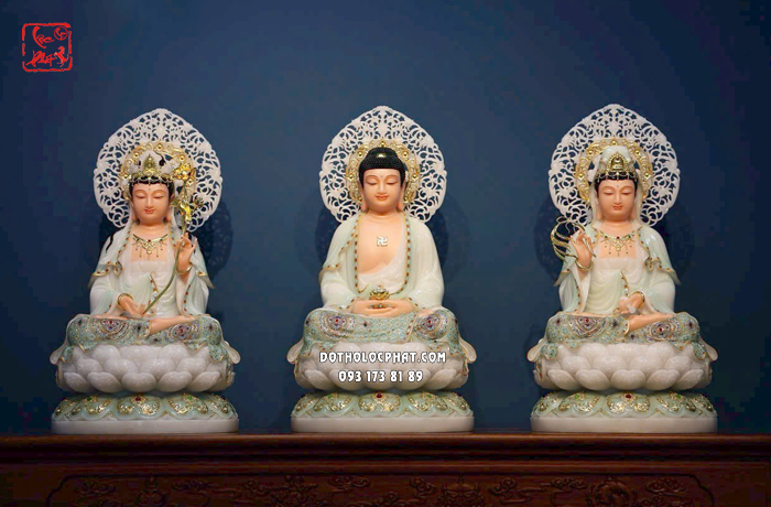 Tượng Tây Phương Tam Thánh áo xanh hào quang lá đề