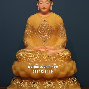 Tượng Phật Thích Ca tĩnh tâm thạch anh viền vàng nạm ngọc đế 8 cạnh