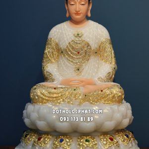 Tượng Bổn Sư Thích Ca Mâu Ni áo trắng viền vàng ngọc nạm đế 8 cạnh