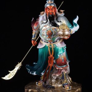 Tượng Quan Công áo xanh nâng hũ vàng đế bệ đá