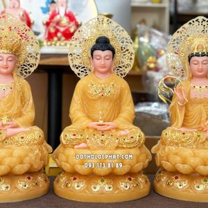 Tượng Ta Bà Tam Thánh thạch anh viền vàng nạm ngọc hào quang lá đề