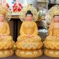 Tượng Ta Bà Tam Thánh thạch anh viền vàng nạm ngọc hào quang lá đề