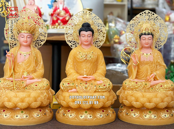 Tượng Ta Bà Tam Thánh thạch anh viền vàng nạm ngọc hào quang lá đề