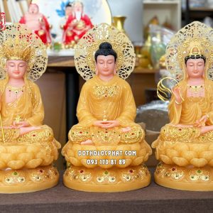 Tượng Ta Bà Tam Thánh thạch anh viền vàng nạm ngọc hào quang lá đề