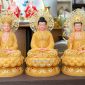 Tượng Ta Bà Tam Thánh thạch anh viền vàng nạm ngọc hào quang lá đề