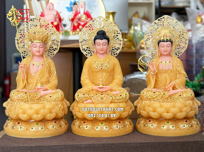 Tượng Ta Bà Tam Thánh thạch anh viền vàng nạm ngọc hào quang lá đề