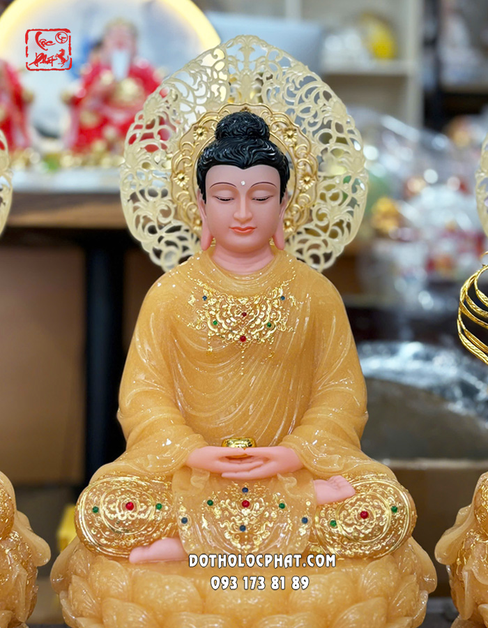 Tượng Ta Bà Tam Thánh thạch anh viền vàng nạm ngọc hào quang lá đề