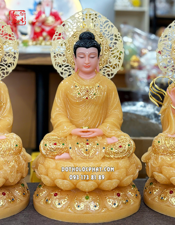 Tượng Ta Bà Tam Thánh thạch anh viền vàng nạm ngọc hào quang lá đề
