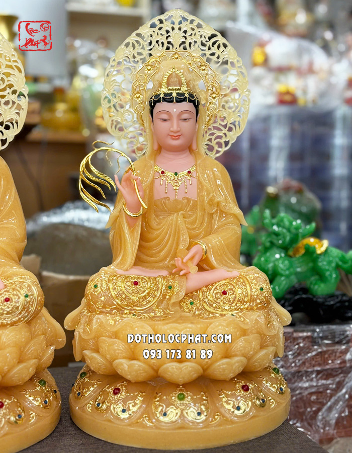 Tượng Ta Bà Tam Thánh thạch anh viền vàng nạm ngọc hào quang lá đề