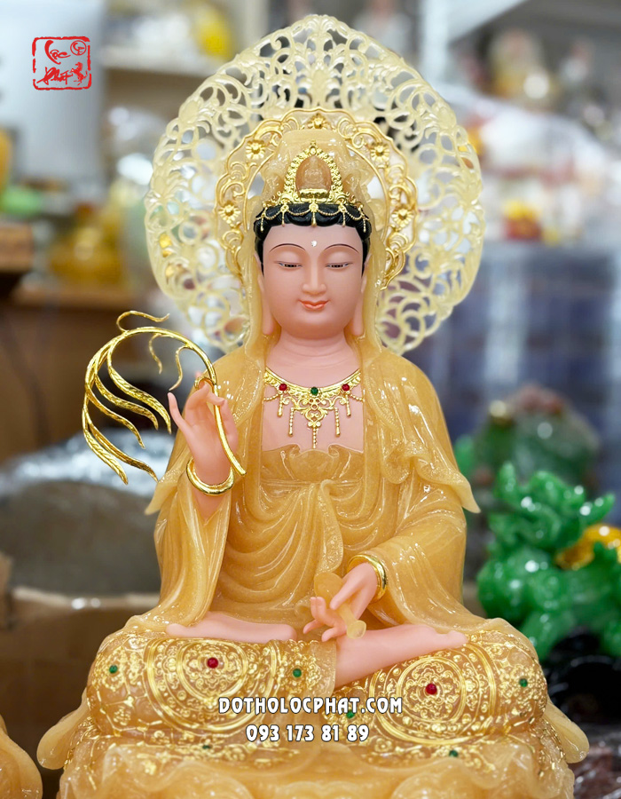 Tượng Ta Bà Tam Thánh thạch anh viền vàng nạm ngọc hào quang lá đề