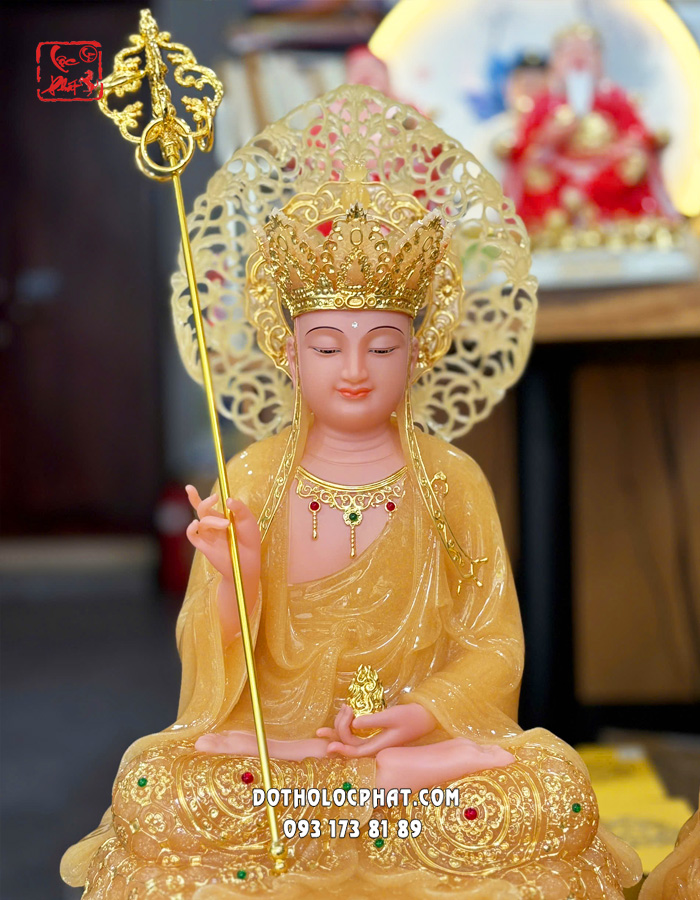 Tượng Ta Bà Tam Thánh thạch anh viền vàng nạm ngọc hào quang lá đề