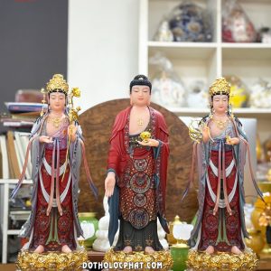 Tượng Tây Phương Tam Thánh đứng áo gấm đỏ đế sen vàng