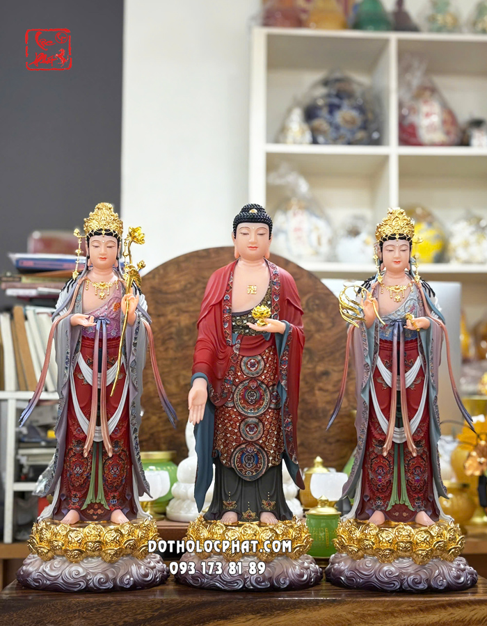 Tượng Tây Phương Tam Thánh đứng áo gấm đỏ đế sen vàng