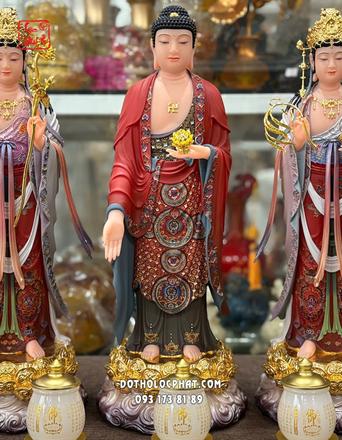 Tượng Tây Phương Tam Thánh đứng áo gấm đỏ đế sen vàng