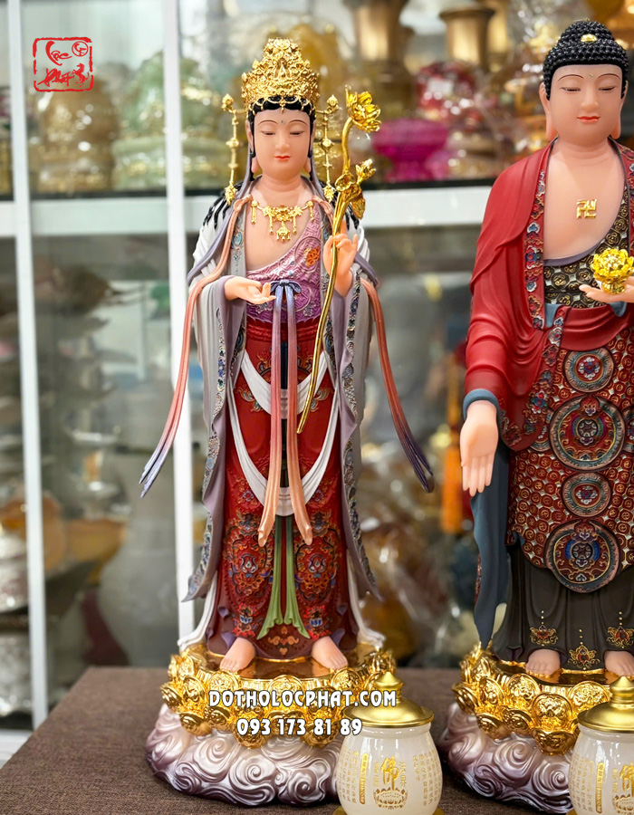 Tượng Tây Phương Tam Thánh đứng áo gấm đỏ đế sen vàng