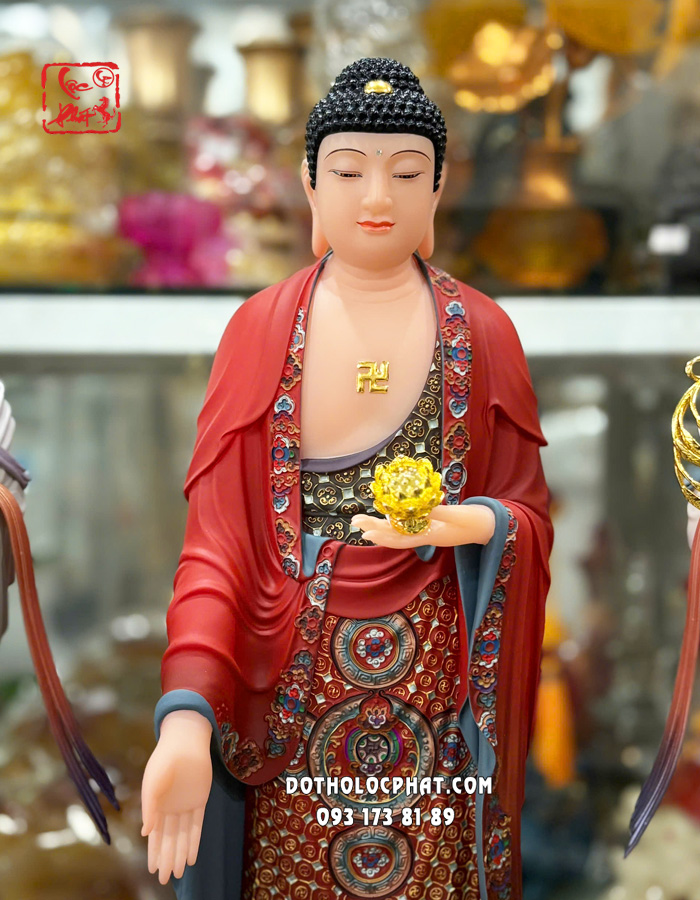 Tượng Tây Phương Tam Thánh đứng áo gấm đỏ đế sen vàng