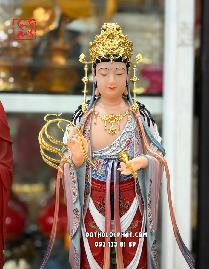Tượng Tây Phương Tam Thánh đứng áo gấm đỏ đế sen vàng