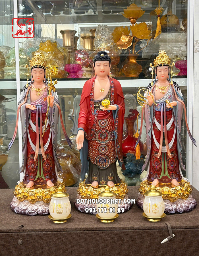 Tượng Tây Phương Tam Thánh đứng áo gấm đỏ đế sen vàng