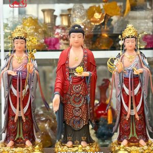 Tượng Tây Phương Tam Thánh đứng áo gấm đỏ đế sen vàng