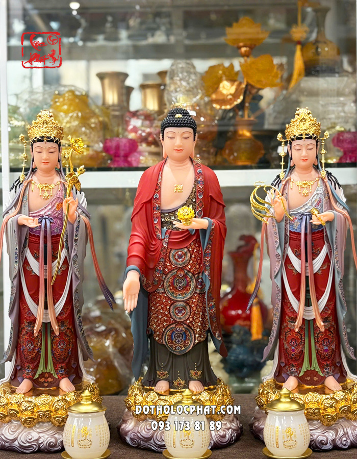 Tượng Tây Phương Tam Thánh đứng áo gấm đỏ đế sen vàng