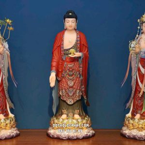 Tượng Tây Phương Tam Thánh đứng áo gấm đỏ đế sen vàng