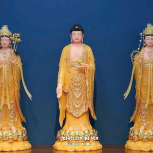 Tượng Tây Phương Tam Thánh thạch anh đứng đế sen viền vàng