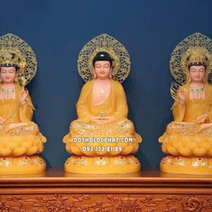 Tượng Tây Phương Tam Thánh thạch anh hào quang lá đề