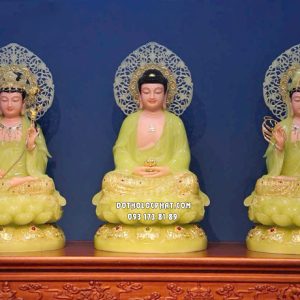 Tượng Tây Phương Tam Thánh thạch ngọc hào quang lá đề