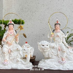 Tượng Văn Thù Phổ Hiền Bồ Tát Sứ Trắng Có Hào Quang VTPH-017