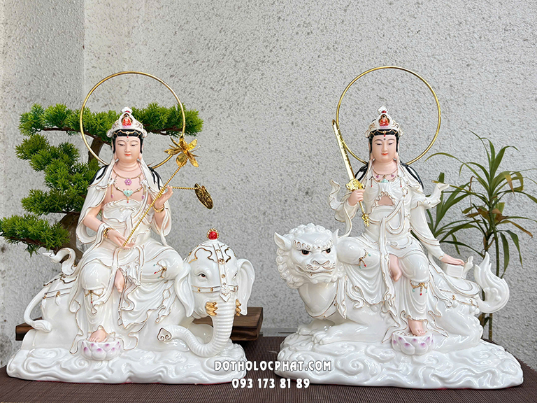 Tượng Văn Thù Phổ Hiền Bồ Tát Sứ Trắng Có Hào Quang VTPH-017