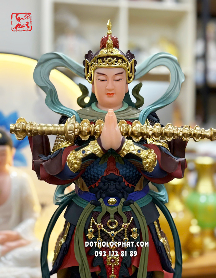 Tượng Vi Đà Tiêu Diện hộ pháp màu gấm bằng bột đá