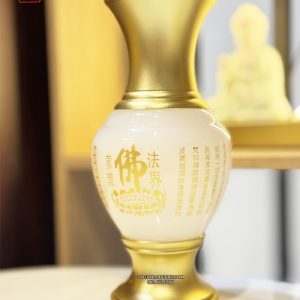 bình bông cúng Phật bằng bột đá trắng khắc tâm kinh chữ Phật