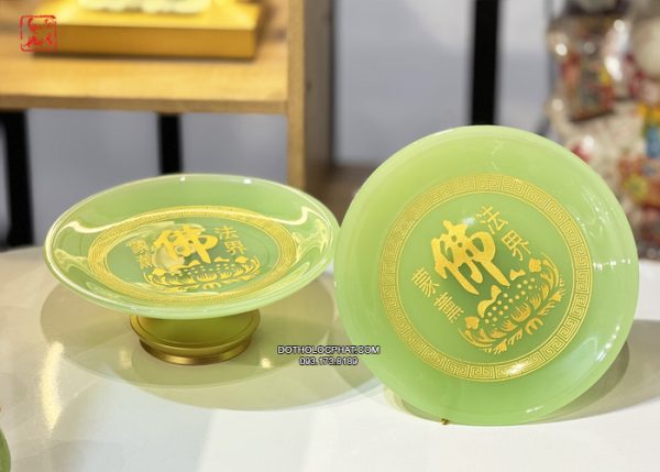 Dĩa trái cây thờ cúng bằng bột đá thạch ngọc khắc chữ Phật
