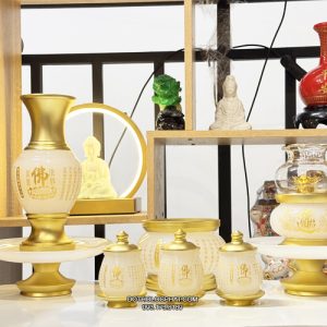 Bộ Đồ Thờ Cúng Bằng Bột Đá Khắc Tâm Kinh Chữ Phật